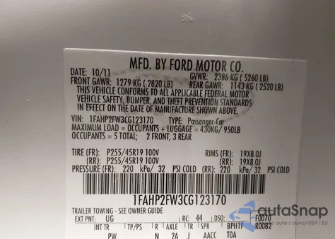 2012 Ford Taurus Limited from USA, damaged, VIN 1FAHP2FW3CG123170